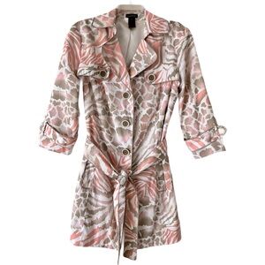 Multiples Trench Coat, Sz. M, Pink/Tan/ Cream Animal Print, Lined, Belted, Cute!